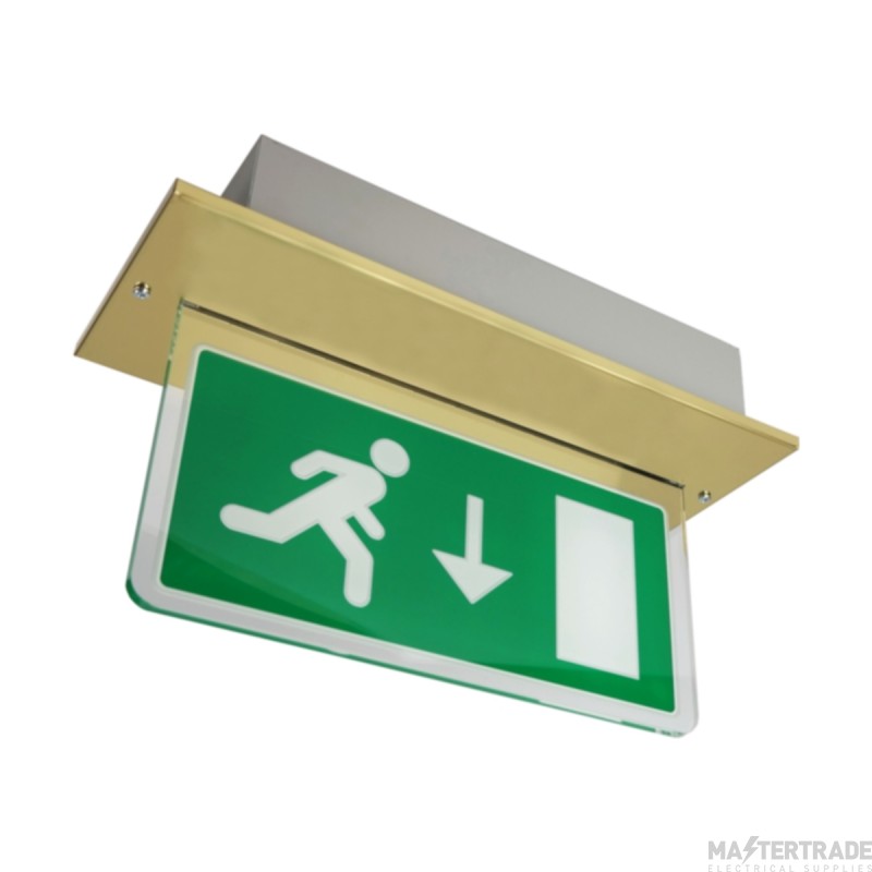 BLE 3.3W Recessed LED Exit Sign 3hrM IP20 Brass c/w Arrow Down Legend