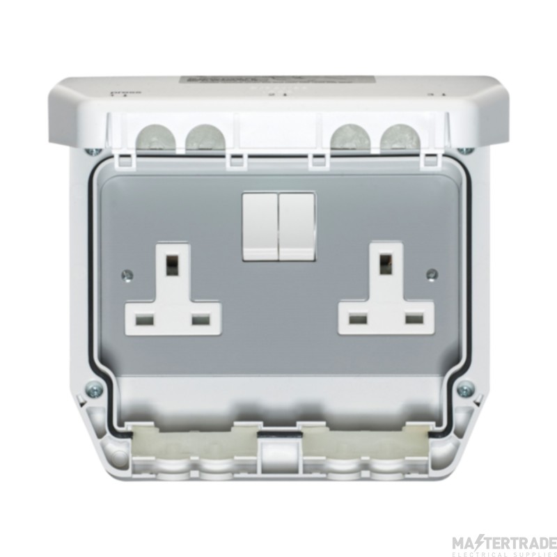 Crabtree Weatherseal 2 Gang DP 13A Switched Socket IP56 Grey c/w Twin Earth Terminals