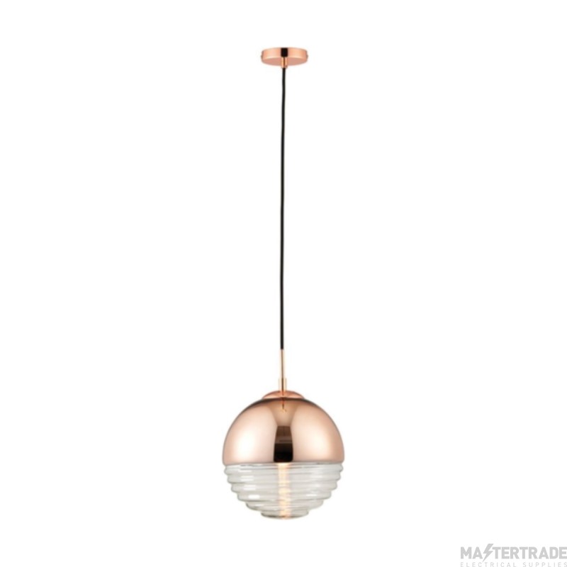 Endon Paloma 1 Light Ceiling Pendant In Copper And Clear Ribbed Glass