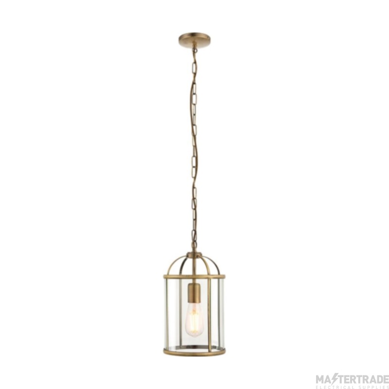 Endon Lambeth 1 Light Ceiling Pendant In Antique Brass And Clear Glass
