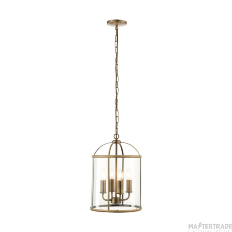 Endon Lambeth 4 Light Ceiling Pendant In Antique Brass And Clear Glass