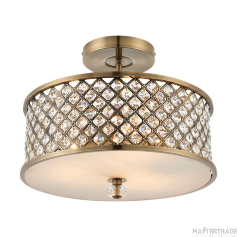 Endon Hudson 3 Light Semi Flush Ceiling In Antique Brass With Clear Crystal Glass