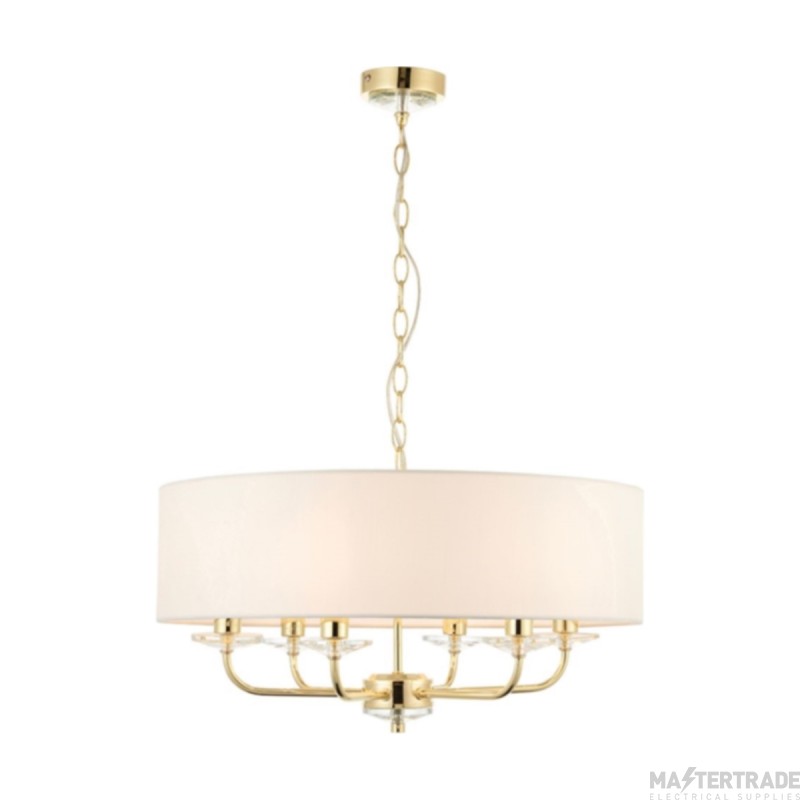 Endon Nixon 6 Light Ceiling Pendant In Brass With Crystal And Vintage white Faux Silk Shade