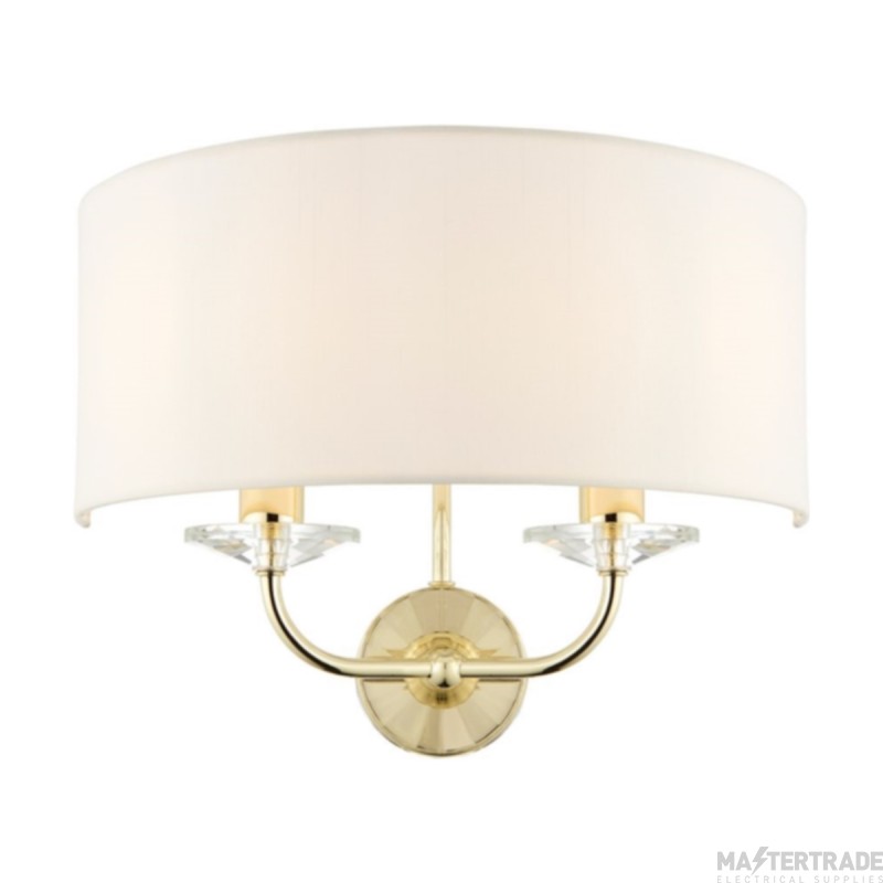 Endon Nixon 2 Light Wall In Brass WIth Crystal Glass And Vintage White Faux Silk Shade