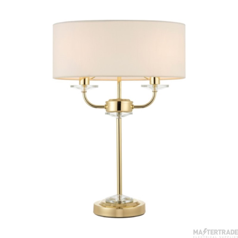 Endon Nixon 2 Light Table Lamp In Brass With Crystal Glass And Vintage White Faux Silk Shade