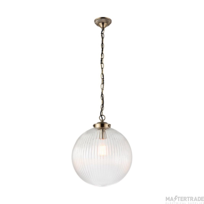 Endon Brydon 1 Light Ceiling Pendant In Ribbed Glass And Antique Brass Large- Diameter: 350mm