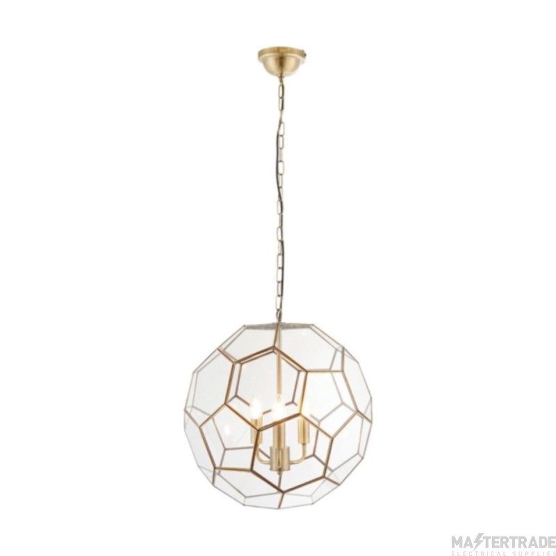 Endon Miele Three Light Ceiling Pendant In Antique Brass And Clear Glass
