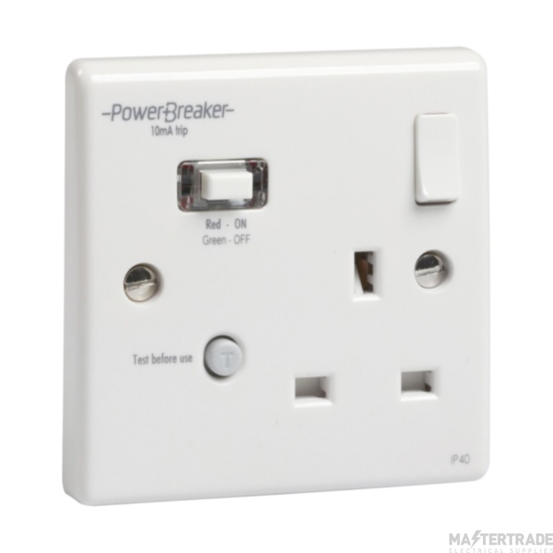 Powerbreaker RCD Single Switched Socket Passive 10mA White