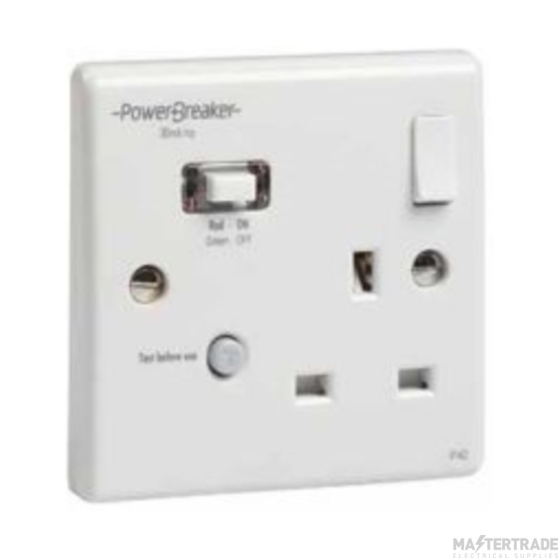 Powerbreaker RCD Single Switched Socket Passive 30mA White
