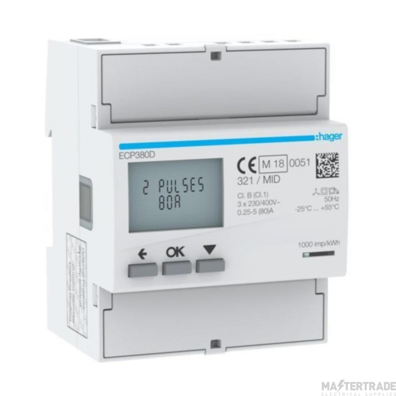 Hager Meter kWh 3 Phase Direct 4M S0 MID 80A 60x92x72mm