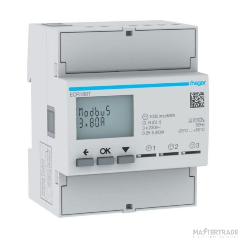 Hager Meter kWh 1 Phase Direct 4M MODBUS 3x80A 60x92x72mm