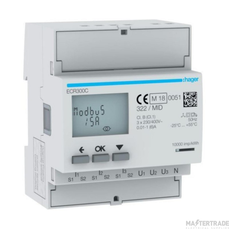 Hager Meter kWh 3 Phase Via 4M MODBUS MID 1-5A 60x90x72mm