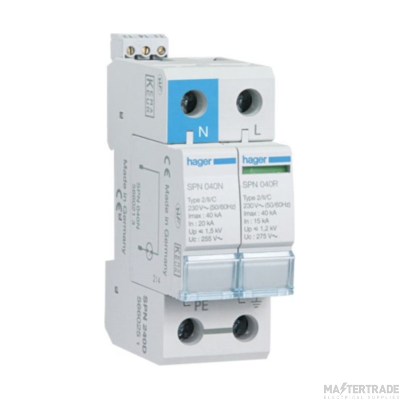Hager Surge Protector DP Pluggable Class 2 c/w Reserve & Remote Contact 65kA