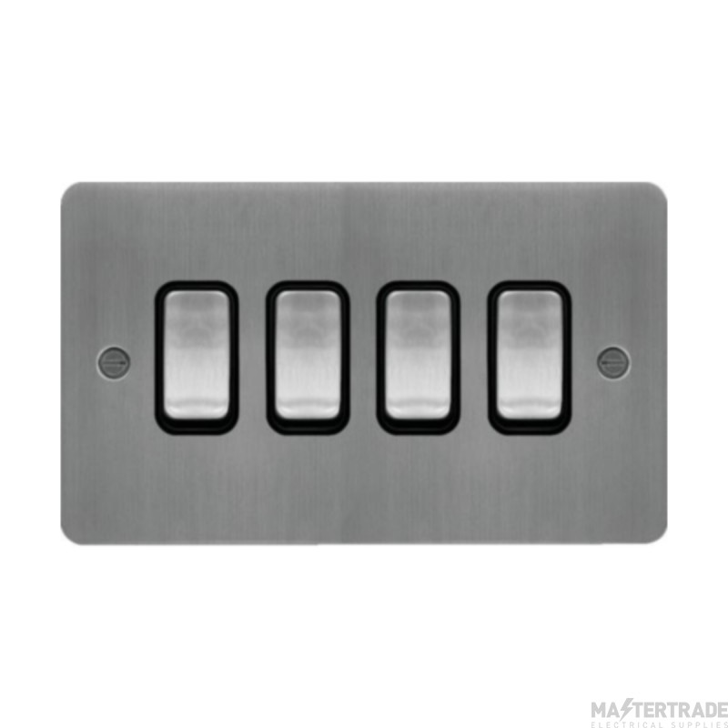 Hager Sollysta Plate Switch 4 Gang 2 Way c/w Black Insert 10AX Brushed Steel