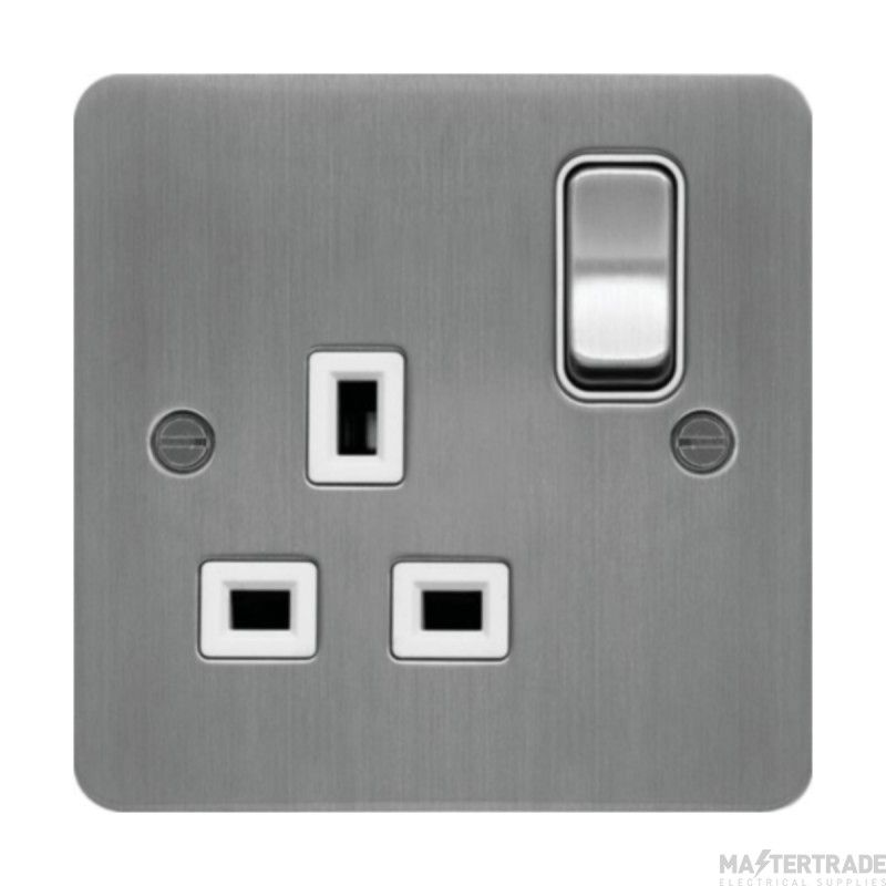 Hager Sollysta Socket 1 Gang DP Switched c/w White Insert 13A Brushed Steel