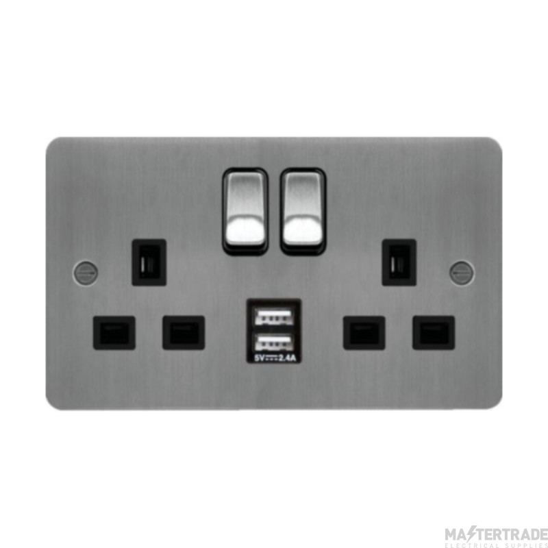 Hager Sollysta Socket 2 Gang DP Switched Dual Earth c/w 2x2.4A USBs & Black Insert 13A Brushed Steel