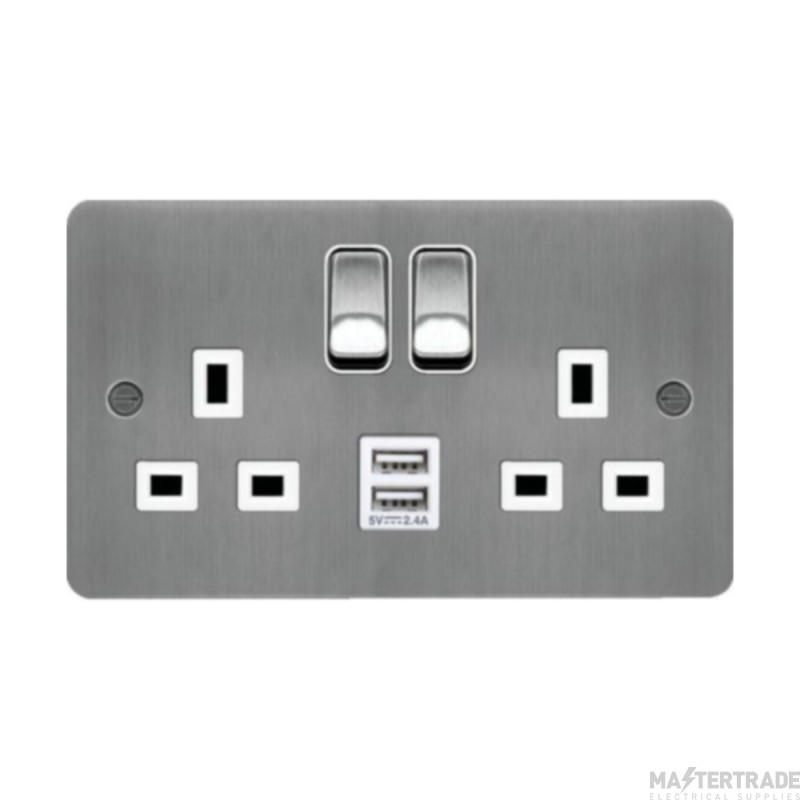 Hager Sollysta Socket 2 Gang DP Switched Dual Earth c/w 2x2.4A USBs & White Insert 13A Brushed Steel