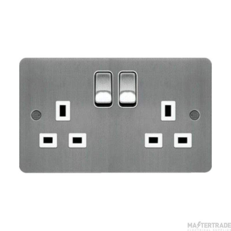 Hager Sollysta Socket 2 Gang DP Switched Dual Earth c/w White Insert 13A Brushed Steel