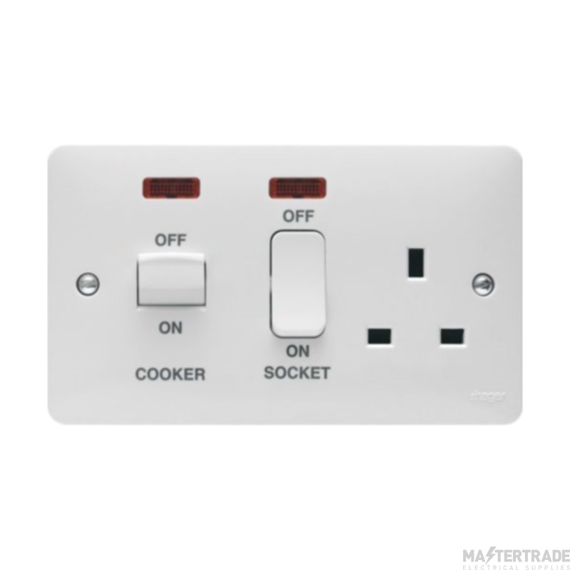 Hager Sollysta 45A DP Cooker Control Unit White c/w 13A Switched Socket & LED