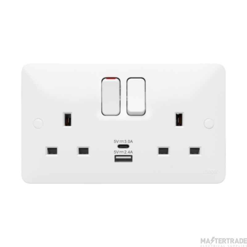 Hager Sollysta 2 Gang 13A DP Switched Socket Outlet Whitec/w USB A+C Ports