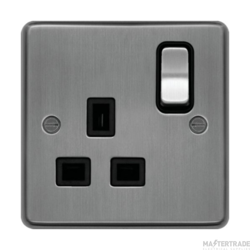 Hager Sollysta Socket 1 Gang DP Switched c/w Black Insert 13A Brushed Steel