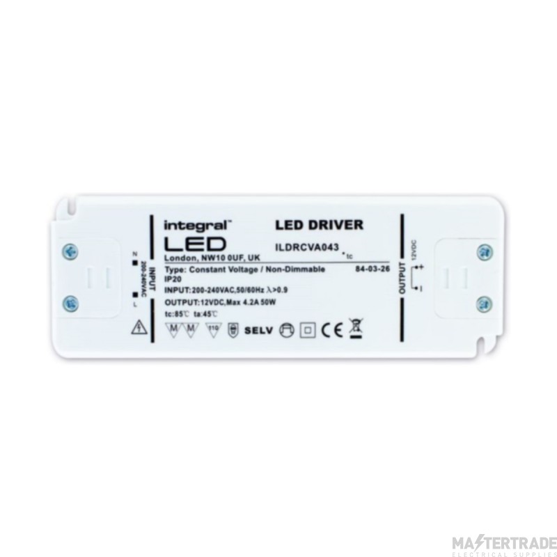 Integral Driver Contact Voltage LED Non-Dimmable IP20 Max Output 4.17A 50W 12V DC 160x58mm