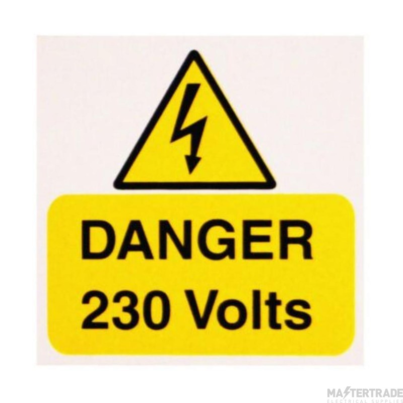 Warning Danger 230V Rigid S/ A PVC 75x75mm Pack=5