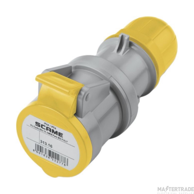Scame 2P+E 16A 110V IP44 Industrial Connector Yellow (Insulating Perforating) c/w Gland