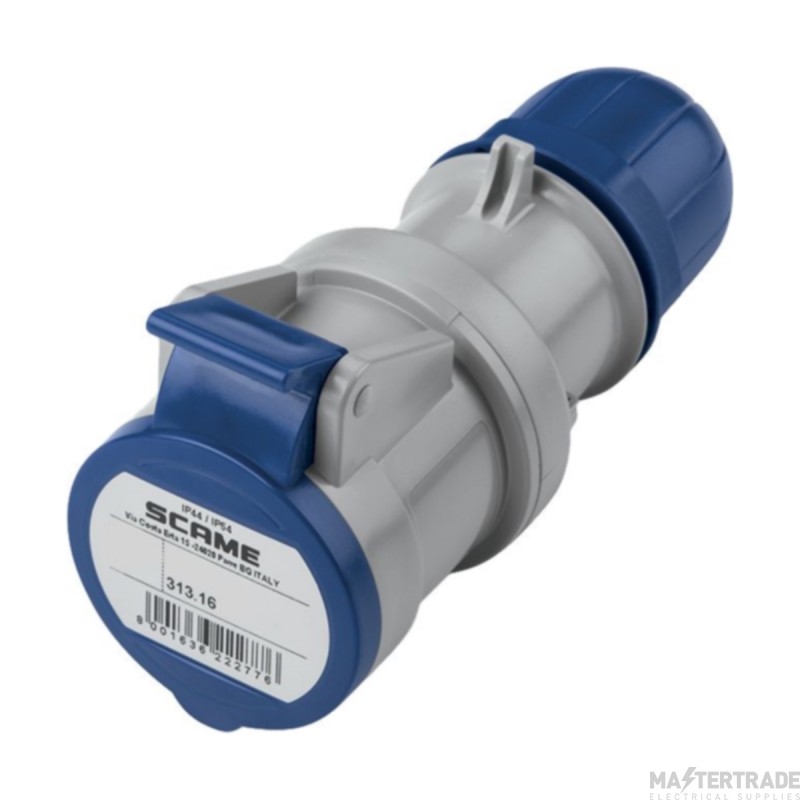 Scame 2P+E 16A 240V IP44 Industrial Connector Blue (Insulating Perforating) c/w Gland