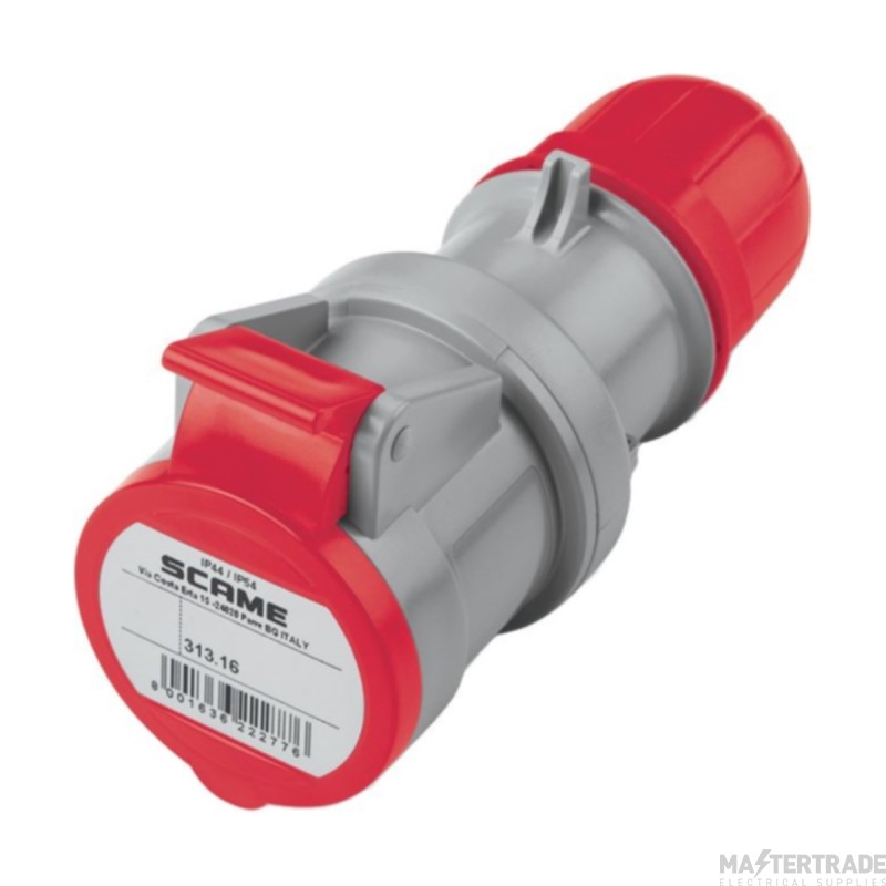 Scame 3P+E 16A 415V IP44 Industrial Connector Red (Insulating Perforating) c/w Gland
