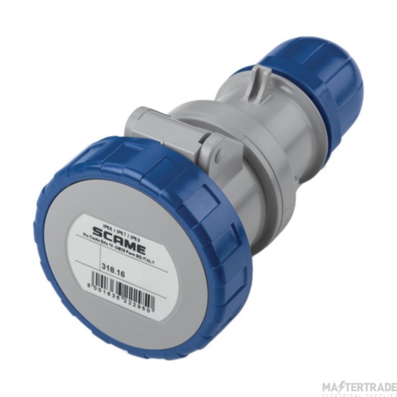 Scame 2P+E 16A 240V IP67 Industrial Connector Blue (Insulating Perforating) c/w Gland