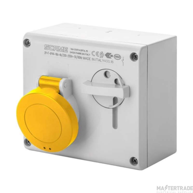 Scame 2P+E 16A 110V IP44 Switched Interlock Socket Yellow