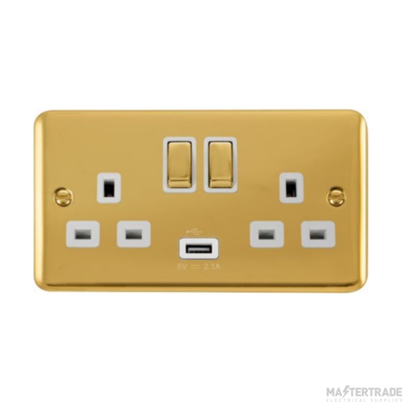 Click Deco Plus DPBR570WH 13A 2 Gang Switched Socket Outlet With Single 2.1A USB Outlet Polished Brass