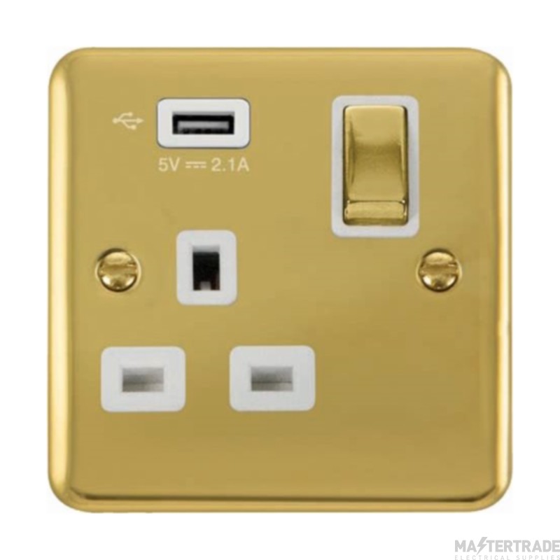 Click Deco Plus DPBR571UWH 13A 1 Gang Switched Socket Outlet With Single 2.1A USB Outlet Polished Brass