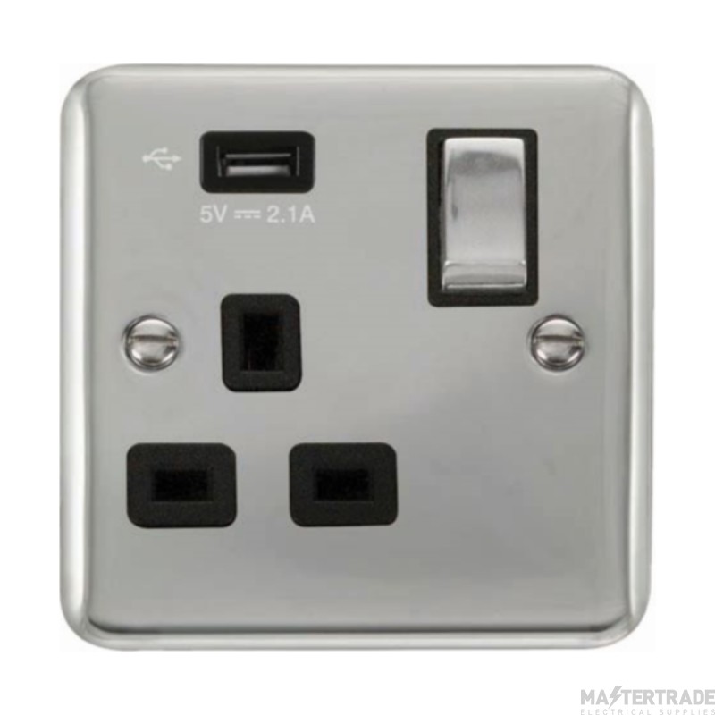 Click Deco Plus DPCH571UBK 13A 1 Gang Switched Socket Outlet With Single 2.1A USB Outlet Chrome
