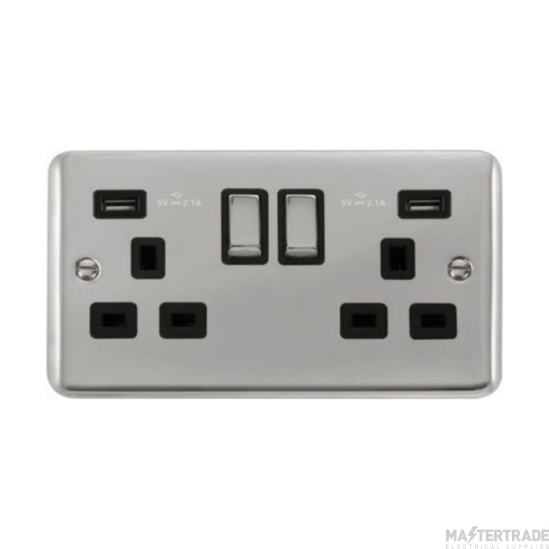 Click Deco Plus DPCH580BK 13A 2 Gang Switched Socket Outlet With Twin USB (Total 4.2A) Outlets Chrome
