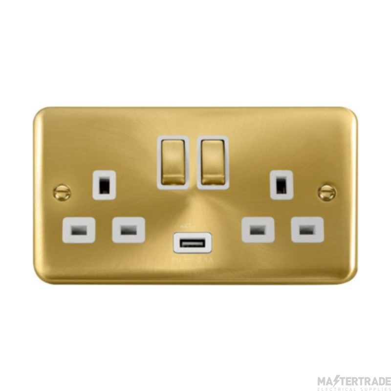 Click Deco Plus DPSB570WH 13A 2 Gang Switched Socket Outlet With Single 2.1A USB Outlet Satin Brass