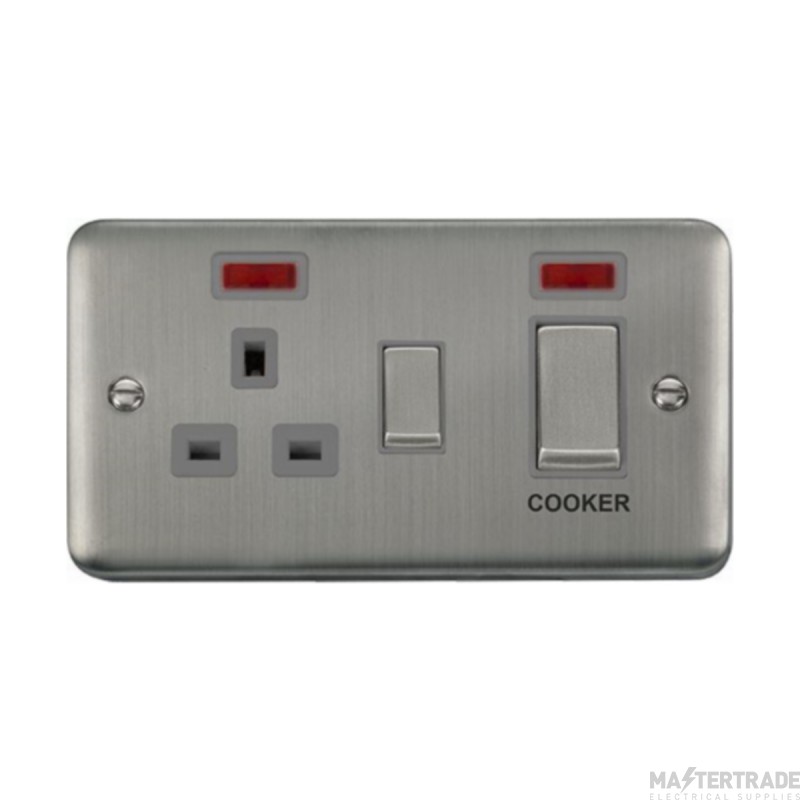 Click Deco Plus DPSS505GY 50A 2 Gang DP Switch With 13A DP Switched Socket Outlet & Neons Stainless Steel