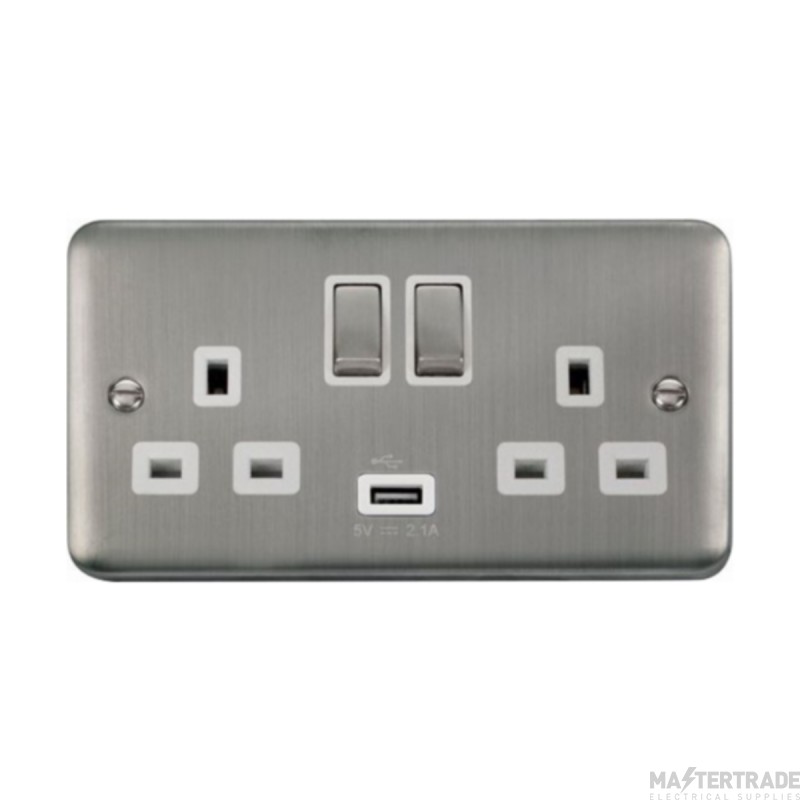 Click Deco Plus DPSS570WH 13A 2 Gang Switched Socket Outlet With Single 2.1A USB Outlet Stainless Steel