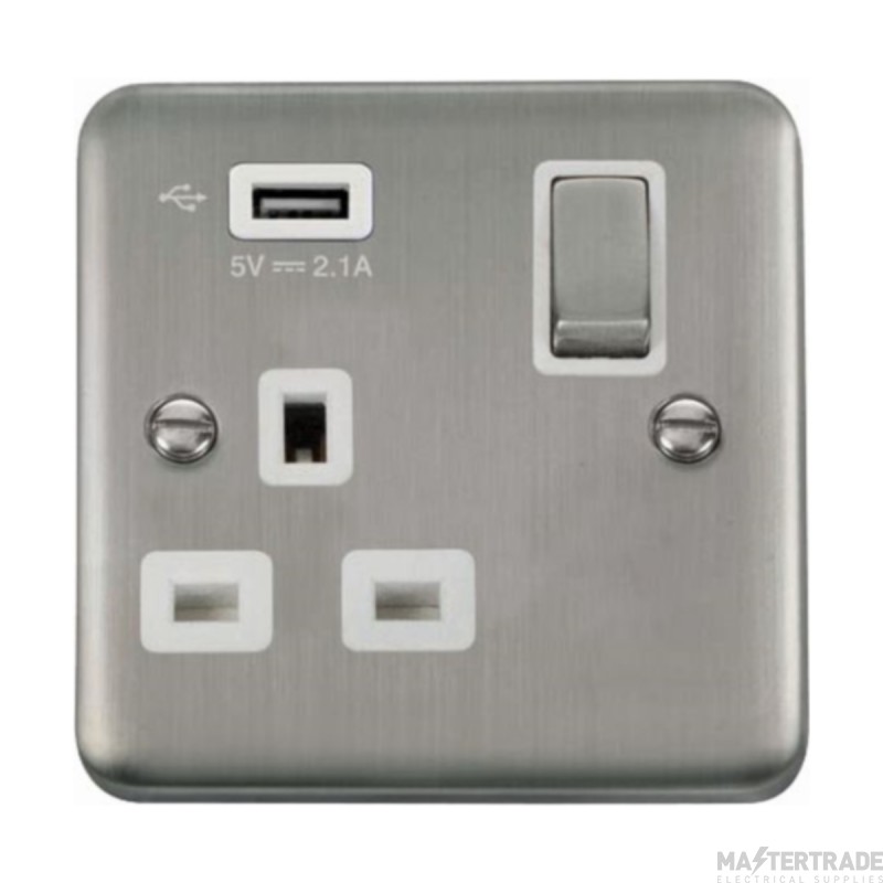 Click Deco Plus DPSS571UWH 13A 1 Gang Switched Socket Outlet With Single 2.1A USB Outlet Stainless Steel