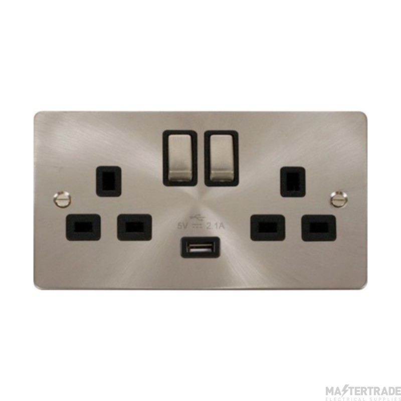 Click Define FPBS570BK 13A 2 Gang Switched Socket Outlet With Single 2.1A USB Outlet Brushed Stainless