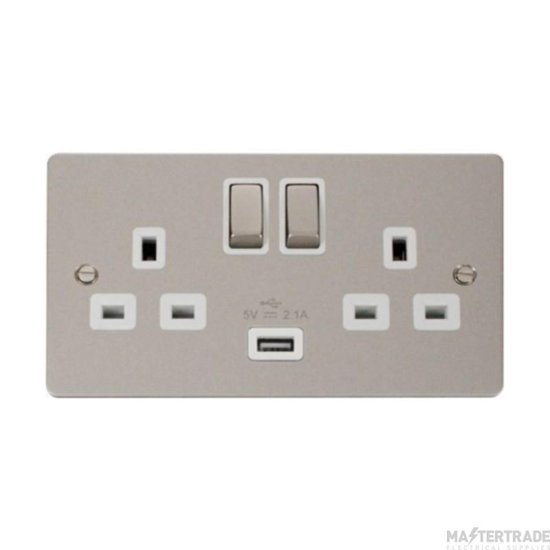 Click Define FPPN570WH 13A 2 Gang Switched Socket Outlet With Single 2.1A USB Outlet Pearl Nickel
