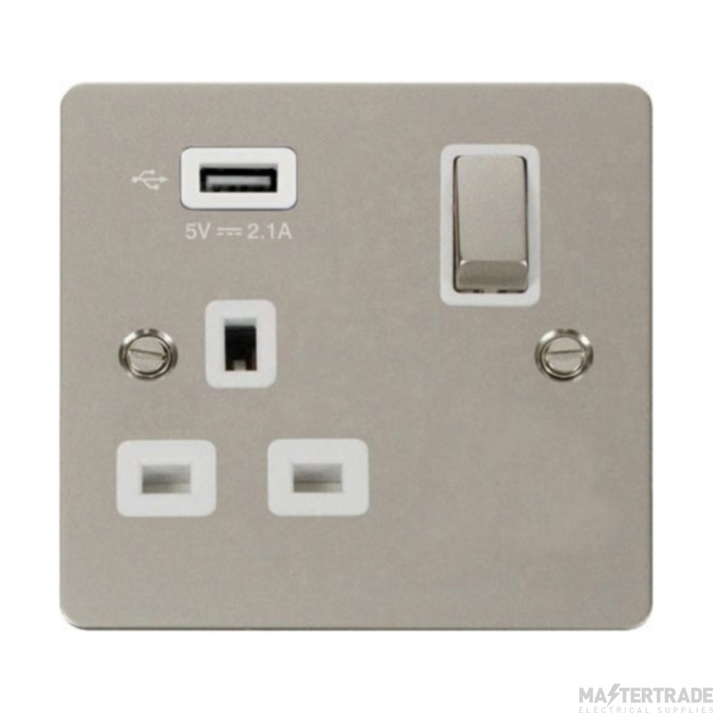 Click Define FPPN571UWH 13A 1 Gang Switched Socket Outlet With Single 2.1A USB Outlet Pearl Nickel