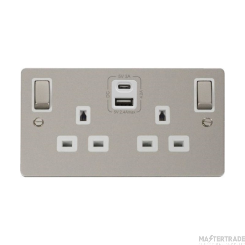 Click Define FPPN586WH 13A 2 Gang Switched Socket Outlet With Type A & C USB (4.2A) Outlets Pearl Nickel