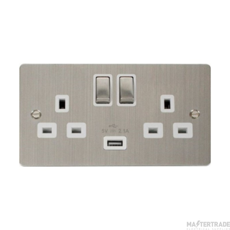 Click Define FPSS570WH 13A 2 Gang Switched Socket Outlet With Single 2.1A USB Outlet Stainless Steel