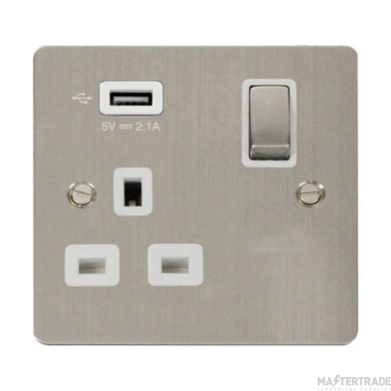 Click Define FPSS571UWH 13A 1 Gang Switched Socket Outlet With Single 2.1A USB Outlet Stainless Steel