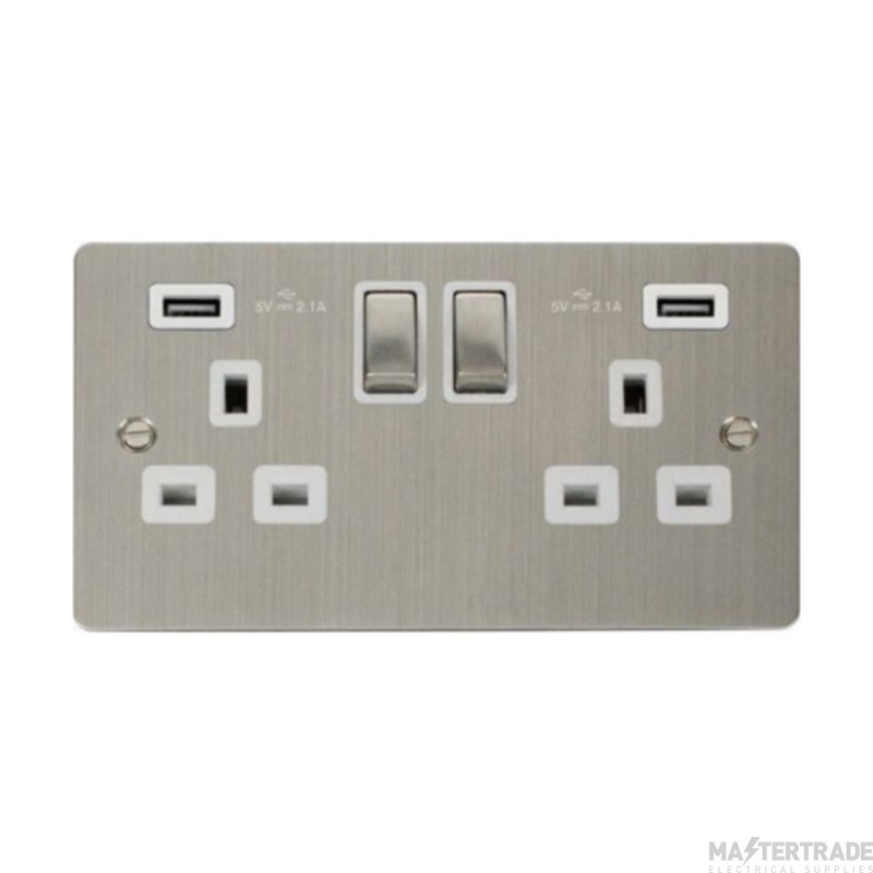 Click Define FPSS580WH 13A 2 Gang Switched Socket Outlet With Twin USB (Total 4.2A) Outlets Stainless Steel
