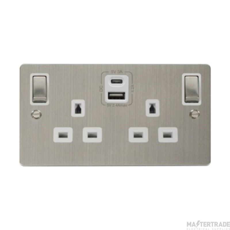 Click Define FPSS586WH 13A 2 Gang Switched Socket Outlet With Type A & C USB (4.2A) Outlets Stainless Steel
