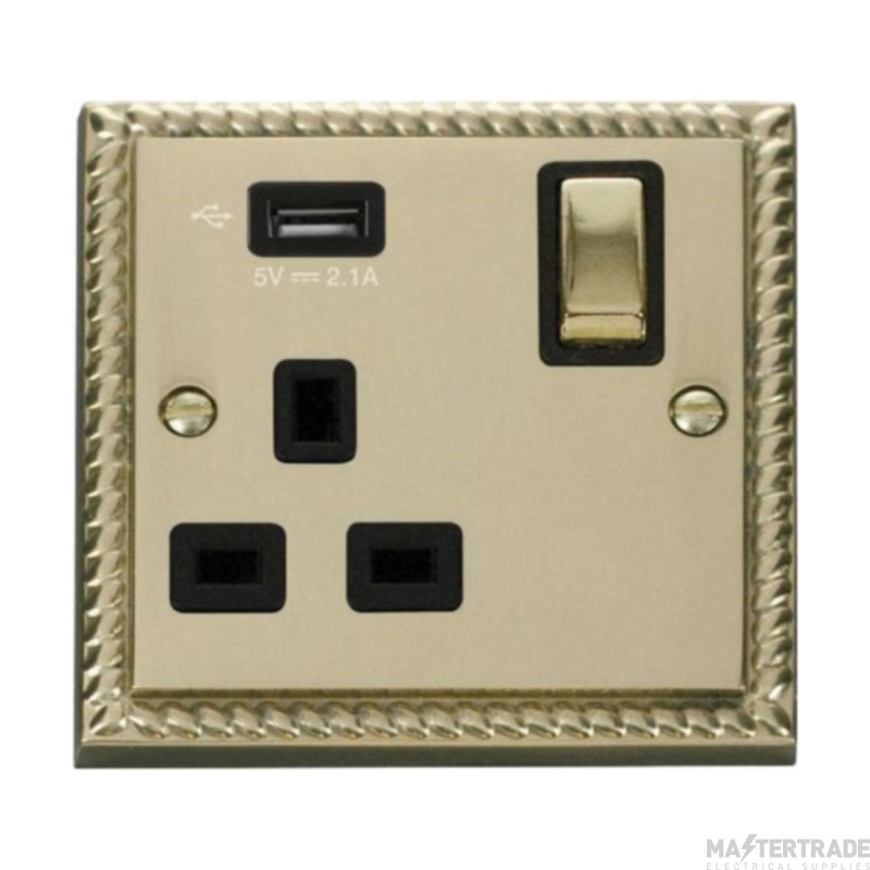 Click Deco GCBR571UBK 13A 1 Gang Switched Socket Outlet With Single 2.1A USB Outlet Georgian Brass