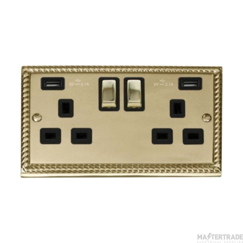 Click Deco GCBR580BK 13A 2 Gang Switched Socket Outlet With Twin USB (Total 4.2A) Outlets Georgian Brass